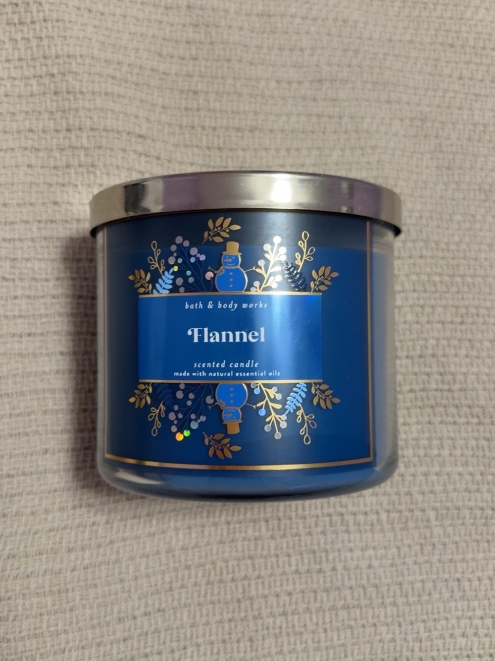 Bath & Body Works Flannel Scented Candle - Deep Blue Jar with Gold Accents
